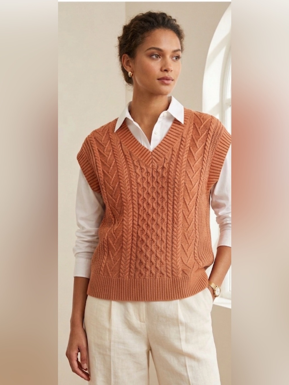 Charlie B Cable Knit Sweater Vest V-Neck Tan Cognac Camel Size Large
